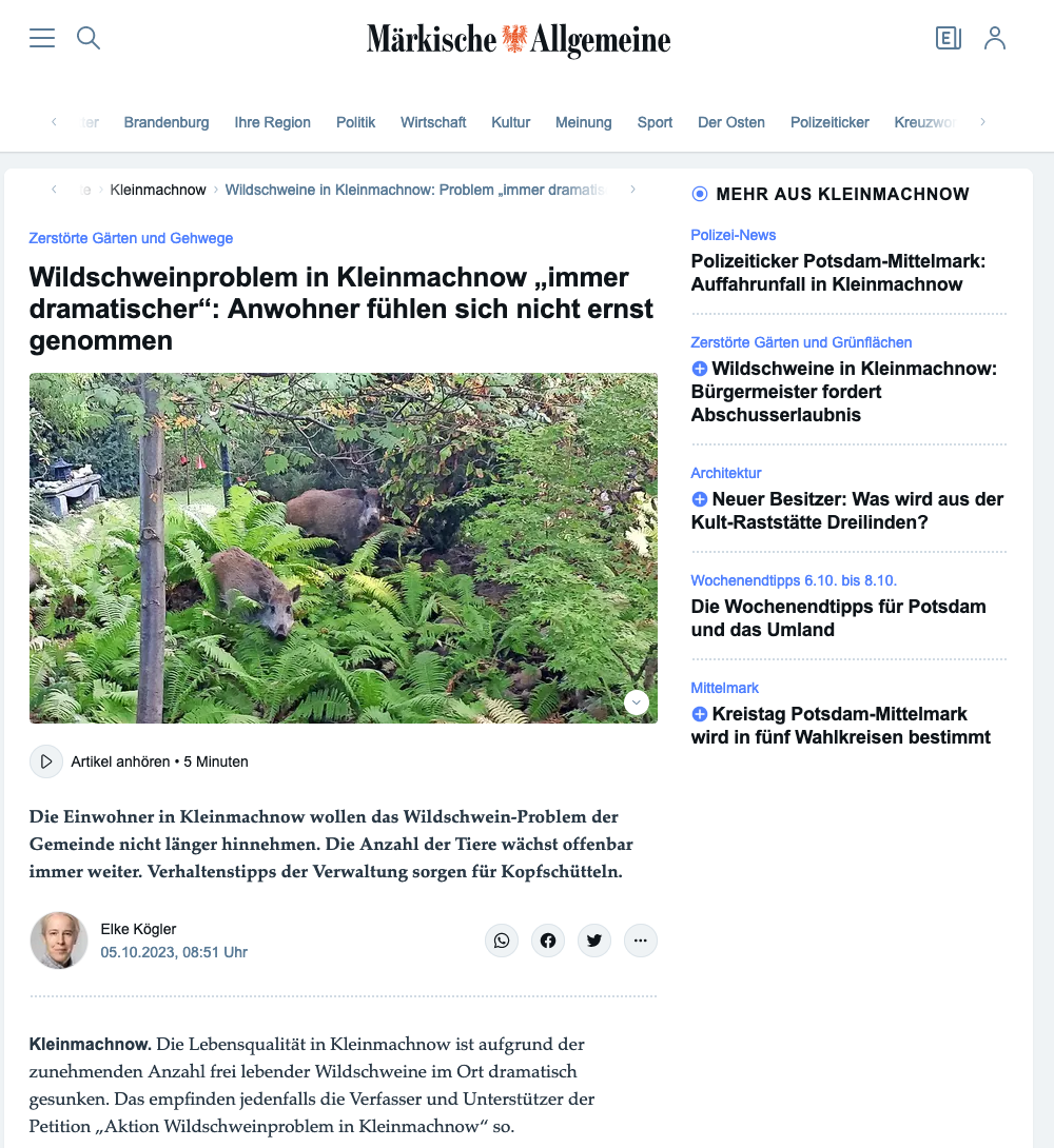 MAZ vom 05.10.2023: Wildschweinproblem in Kleinmachnow „immer dramatischer“