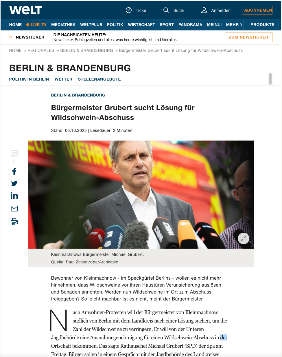 Welt vom 06.10.2023: Bürgermeister Grubert sucht Lösung…